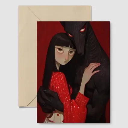 Dark Wolf Girl Red Background Gothic Art