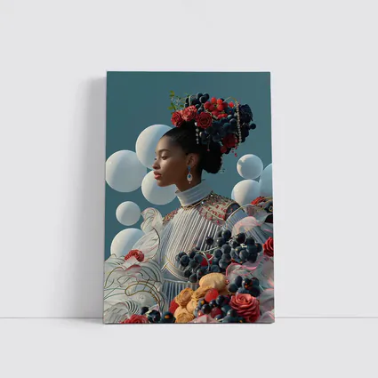 Woman With Fruit Flowers Surreal Blue Background