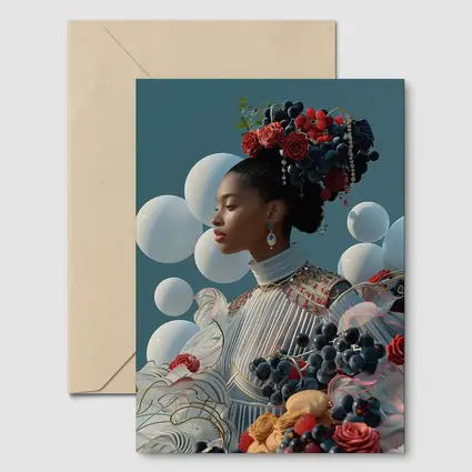 Woman With Fruit Flowers Surreal Blue Background