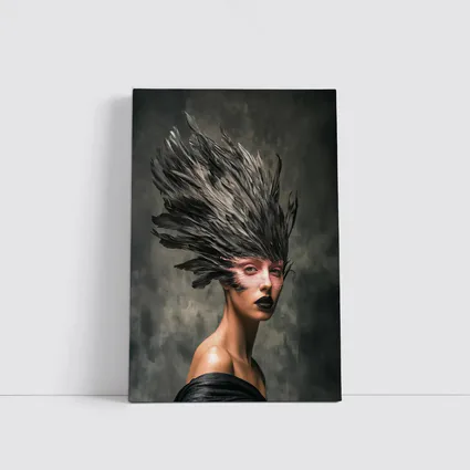 Dark Feather Headdress Woman Gray Background
