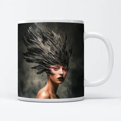 Dark Feather Headdress Woman Gray Background