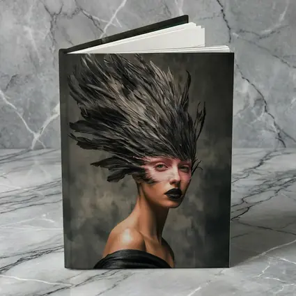 Dark Feather Headdress Woman Gray Background
