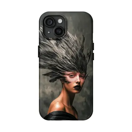 Dark Feather Headdress Woman Gray Background