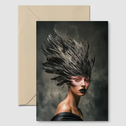 Dark Feather Headdress Woman Gray Background