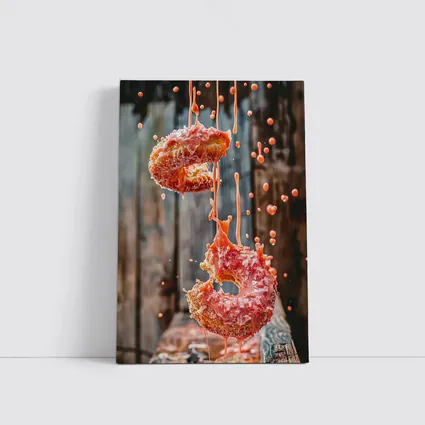 Pink Glazed Donuts Falling Rustic Wood Background