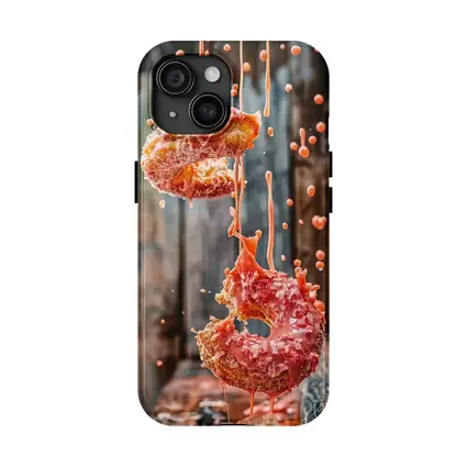 Pink Glazed Donuts Falling Rustic Wood Background