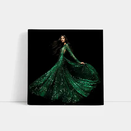 Woman Green Sequin Gown Black Background
