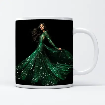 Woman Green Sequin Gown Black Background