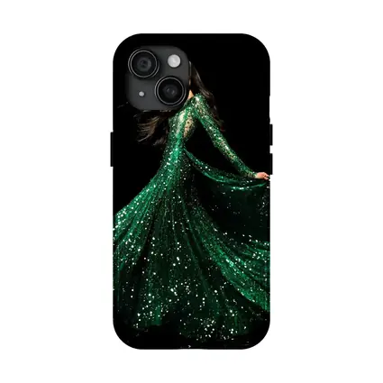 Woman Green Sequin Gown Black Background