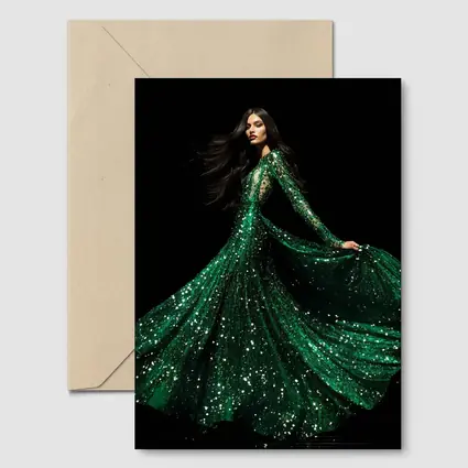 Woman Green Sequin Gown Black Background