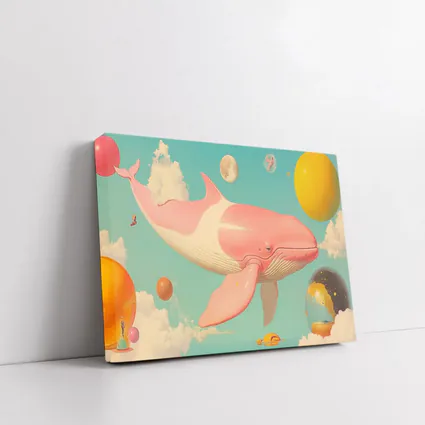 Pink Whale Flying Through Dreamy Sky