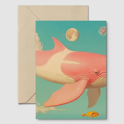 Pink Whale Flying Through Dreamy Sky