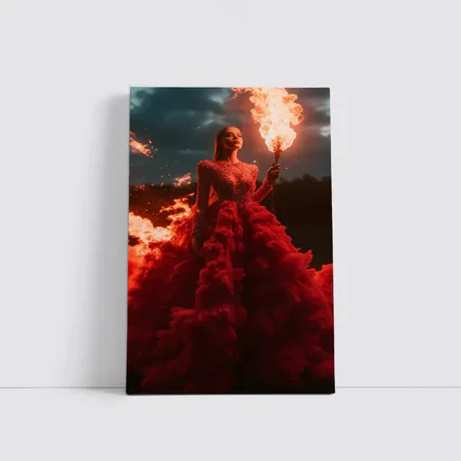 Woman Red Gown Holding Fire Torch