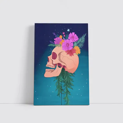 Floral Skull With Pink Flowers Teal Background