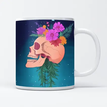 Floral Skull With Pink Flowers Teal Background