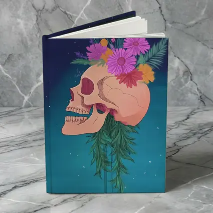 Floral Skull With Pink Flowers Teal Background