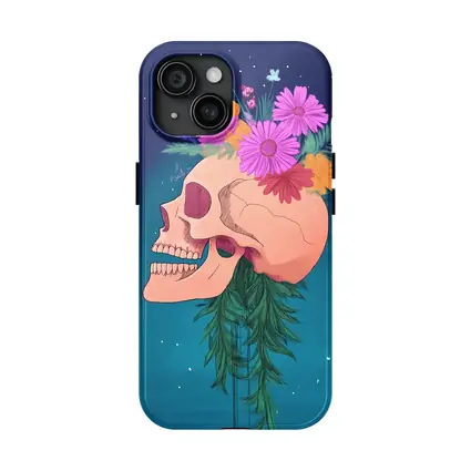 Floral Skull With Pink Flowers Teal Background