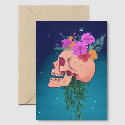 Floral Skull With Pink Flowers Teal Background