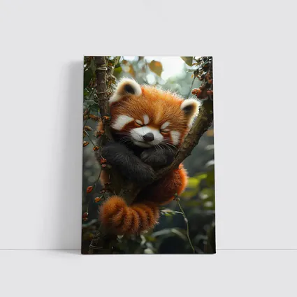 Red Panda Sleeping on Forest Tree Branch