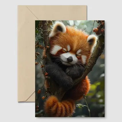 Red Panda Sleeping on Forest Tree Branch