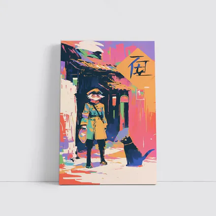 Anime Girl Black Cat Colorful Street Scene