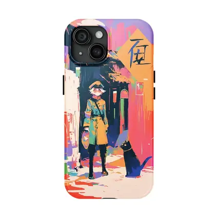 Anime Girl Black Cat Colorful Street Scene