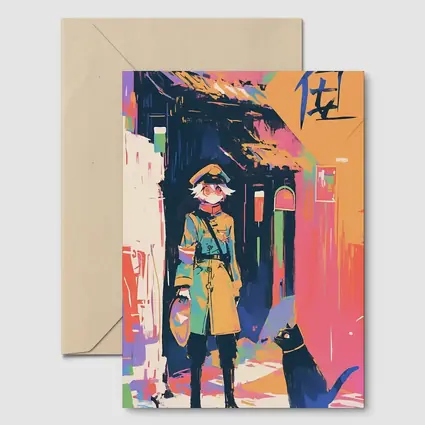 Anime Girl Black Cat Colorful Street Scene