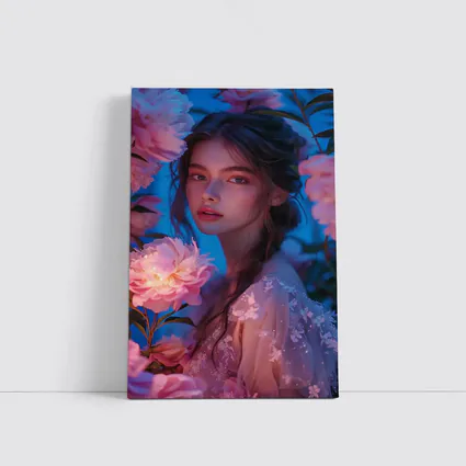 Young Woman Among Glowing Pink Peonies Blue