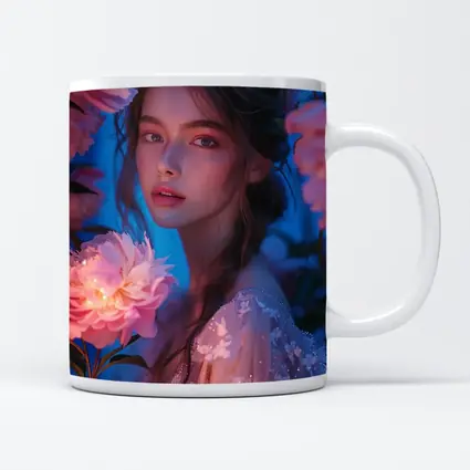 Young Woman Among Glowing Pink Peonies Blue