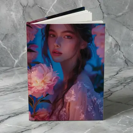 Young Woman Among Glowing Pink Peonies Blue