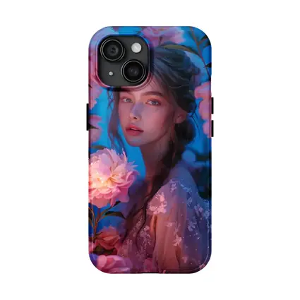 Young Woman Among Glowing Pink Peonies Blue