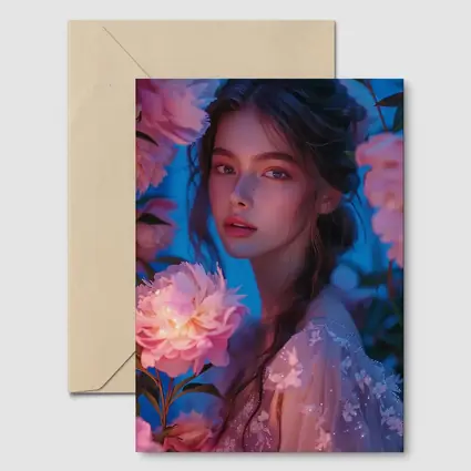Young Woman Among Glowing Pink Peonies Blue