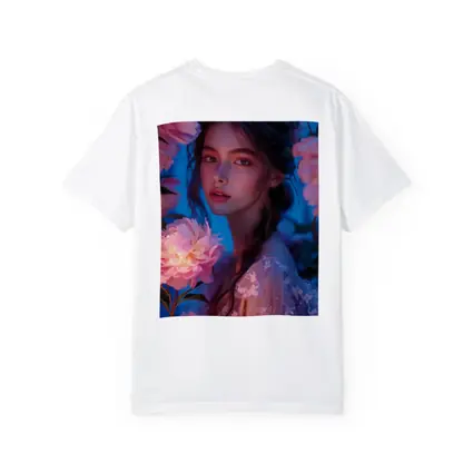 Young Woman Among Glowing Pink Peonies Blue