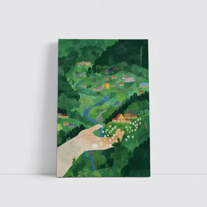 Hand Holding Dandelions Over Green Village