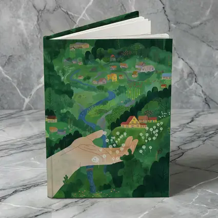 Hand Holding Dandelions Over Green Village