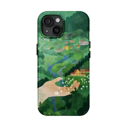 Hand Holding Dandelions Over Green Village