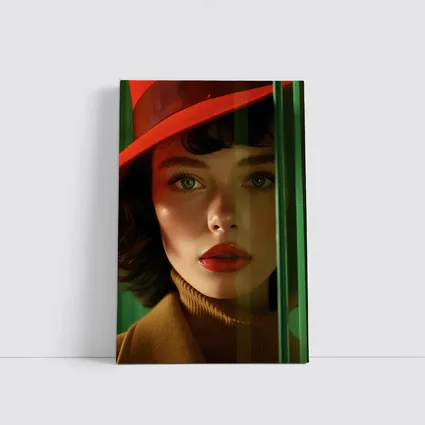 Red Hat Woman Green Background Fashion Portrait