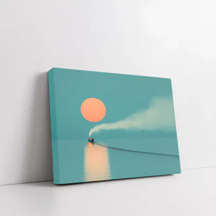 Steam Train Over Calm Teal Ocean Sunset
