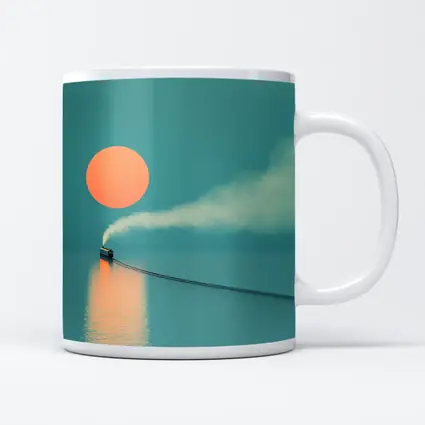 Steam Train Over Calm Teal Ocean Sunset