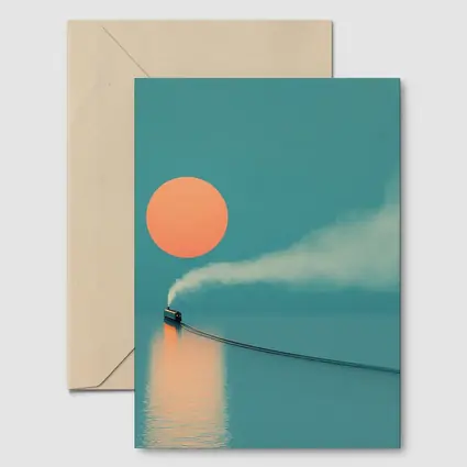 Steam Train Over Calm Teal Ocean Sunset