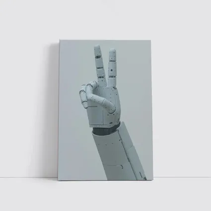 White Robot Hand Peace Sign Gray Background