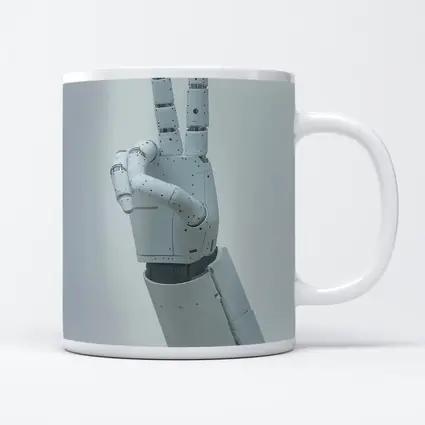 White Robot Hand Peace Sign Gray Background