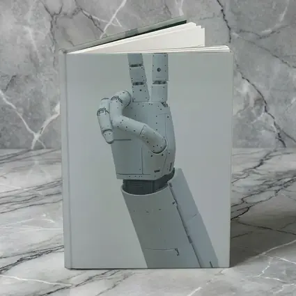 White Robot Hand Peace Sign Gray Background
