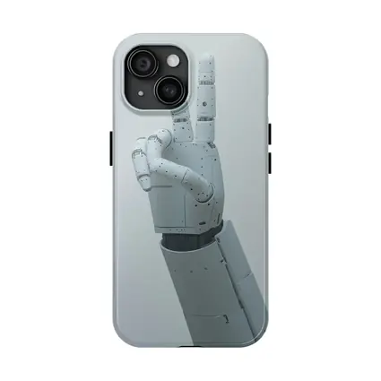 White Robot Hand Peace Sign Gray Background