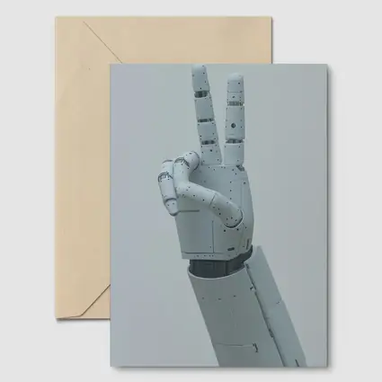 White Robot Hand Peace Sign Gray Background
