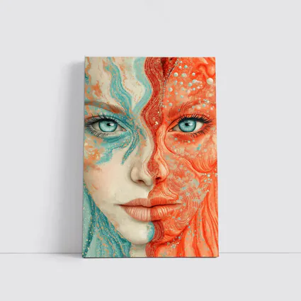 Woman Face Coral Teal Abstract Art Portrait