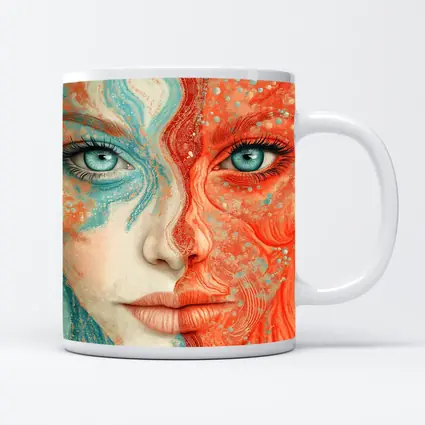Woman Face Coral Teal Abstract Art Portrait