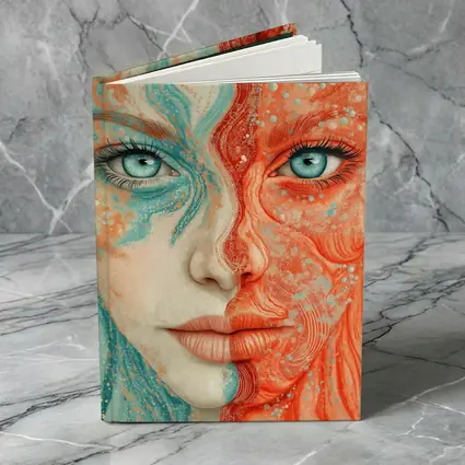 Woman Face Coral Teal Abstract Art Portrait