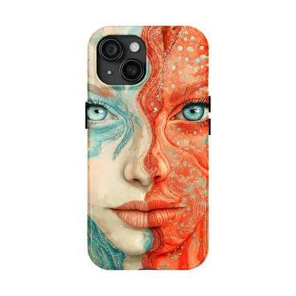 Woman Face Coral Teal Abstract Art Portrait