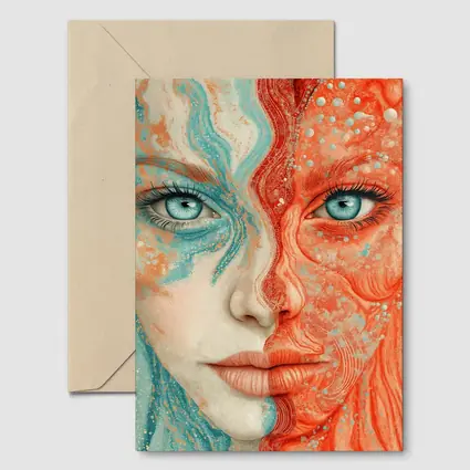 Woman Face Coral Teal Abstract Art Portrait